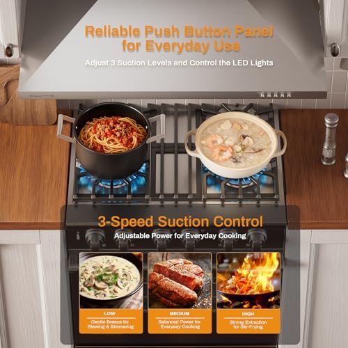 Soonye 30 Inch Wall Mount Range Hood Stainless Steel Ducted/Ductless Convertible Kitchen Exhaust Hood with 450 CFM Motor, 3 Speed Fan, LED Lighting and Dishwasher Safe Filters - 4