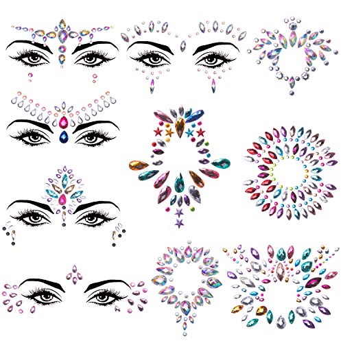 Duufin 10 Sets Face Jewels Belly Crystal Body Jewels Stickers Mermaid Face Gems Crystal Tears Gems Temporary Tattoo for Festival Rave Party