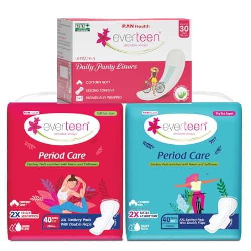 Image of Everteen Sanitary Napkins for Women XXL Size, 80 Pads with 30 Panty Liners, Cotton Soft Top Layer, Heavy Flow, Enriched with Neem and Safflower