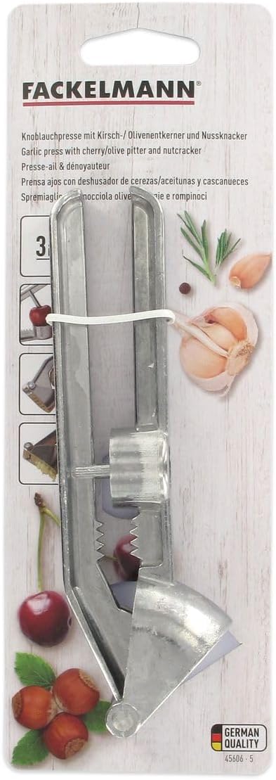 Fackelmann 6.1" Aluminum Garlic Press With Olive Stoner, Silver