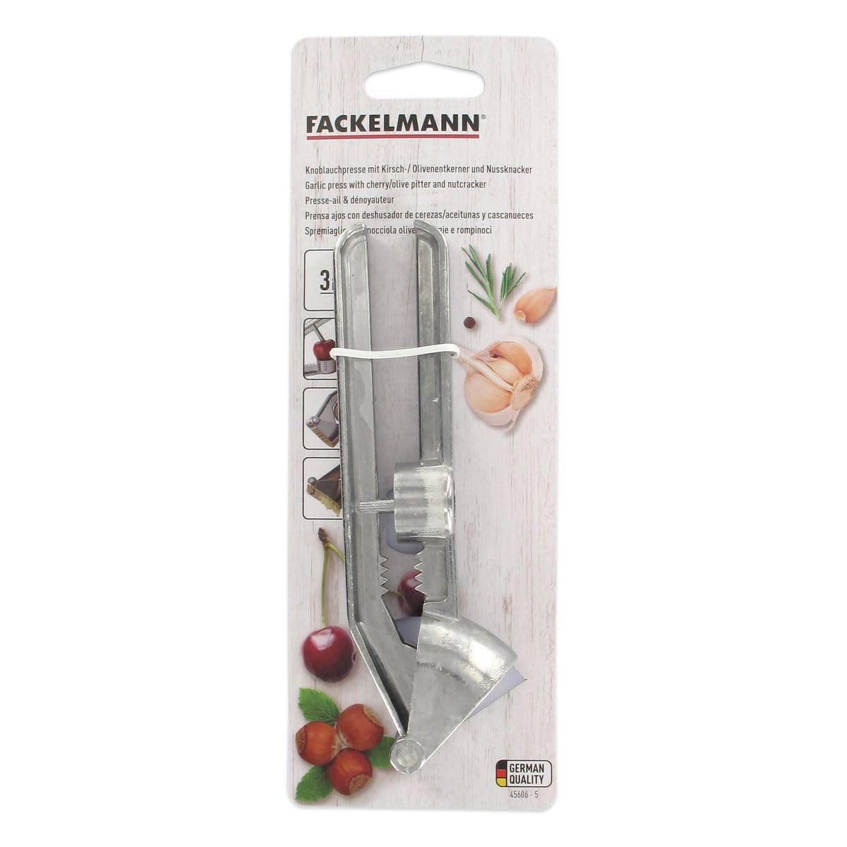 Fackelmann Prensa ajos Profesional Manual para machacar o prensar Jengibre y Patata-Cascanueces-Deshuesador de Aceitunas o Cerezas, Aluminio, 15,5x5x3cm