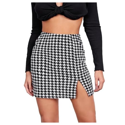 Milumia Women's Elegant High Waist Slit Hem Houndstooth Print Bodycon Mini Skirt Black Small