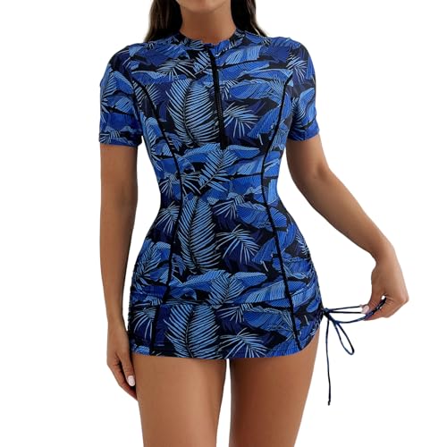 Two Pieces Swimsuit with Bottom Floral Short Sleeve Tummy Control Bathing Suit Zip Rash Guard Set Built-in Bra Swimwear
