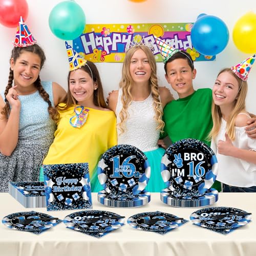 Image of Qyeahkj 100 Pcs 16th Birthday Decorations for Boys Official Teen Supplies Plate Napkin Forks Set Disposable Blue 16th Birthday Tableware Paper Plates Dinnerware for Kids Teenager Favors Serve 25