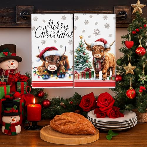 GPGHE Christmas Kitchen Towels Highland Cow 18 x 26 Inch Set of 4 Dish Towels Hand Towels for Winter Holiday Home Indoor Bathroom Party Dining Decor Gifts