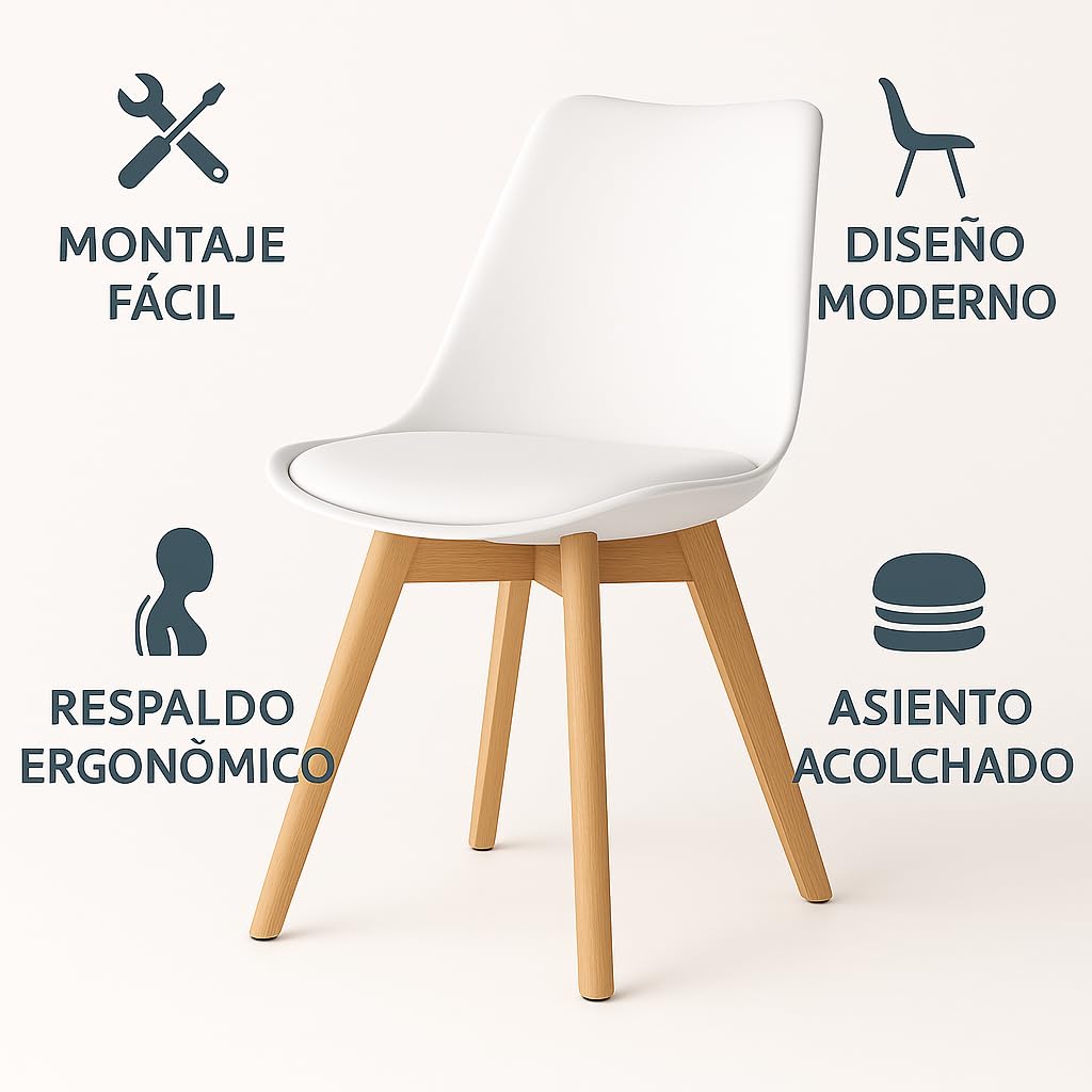 T-LoVendo Pack de 4 Sillas Comedor Nórdico, Sillas de Cocina Nórdicas con Patas de Madera Maciza de Haya y Asiento Acolchado y Tapizado, Respaldo Ergonómico