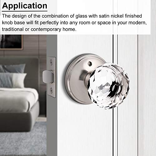 Nickelworld Hardware Crystal Glass Door Knobs Interior With Lock Bed/Bath Door Locks, Satin Nickel Locking Privacy Door Knob Set With Victorian Rosette, Shiny Faceted Handles, 1 Pack #TOP4