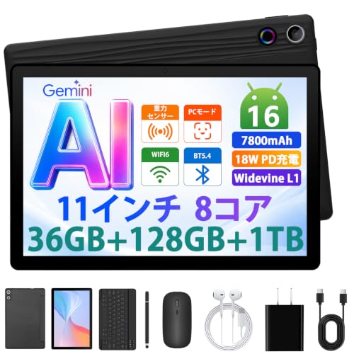 �^�u���b�g Android16 36GB+128GB+1TB�g�� 7800mAh�o�b�e���[ WiFi6���f�� 8�R�ACPU GeminiAI���� | 11�C���` IPS��� 1280*800�𑜓xBluetooth5.4 RGB���C�g���� Widevine