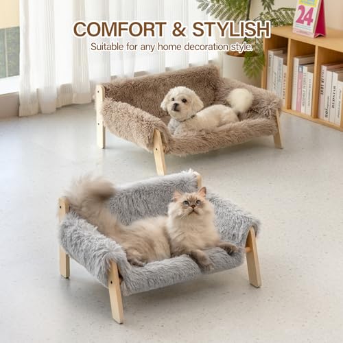 MEWOOFUN Erhöhtes Katzenbett Sofa aus Holz, 56x45cm robust großes Katzensofa – modischer Katzenstuhl mit abnehmbarem Matratzenbezug Belastbar mit 10 kg (Braun, 70x53cm)