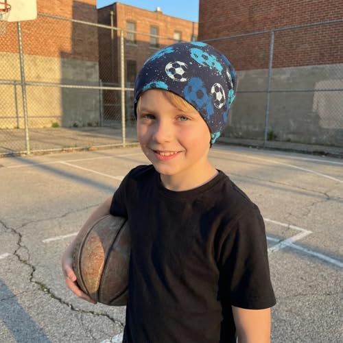Wollhuhn Kinder Beanie Mütze „Shorties“ – aus Baumwolle, zweilagig, wendbar – Mädchen & Jungen – aus Deutschland, alle Jahreszeiten (DE/NL/SE/PL, Numerisch, 52, 54, Fußball Blautöne)