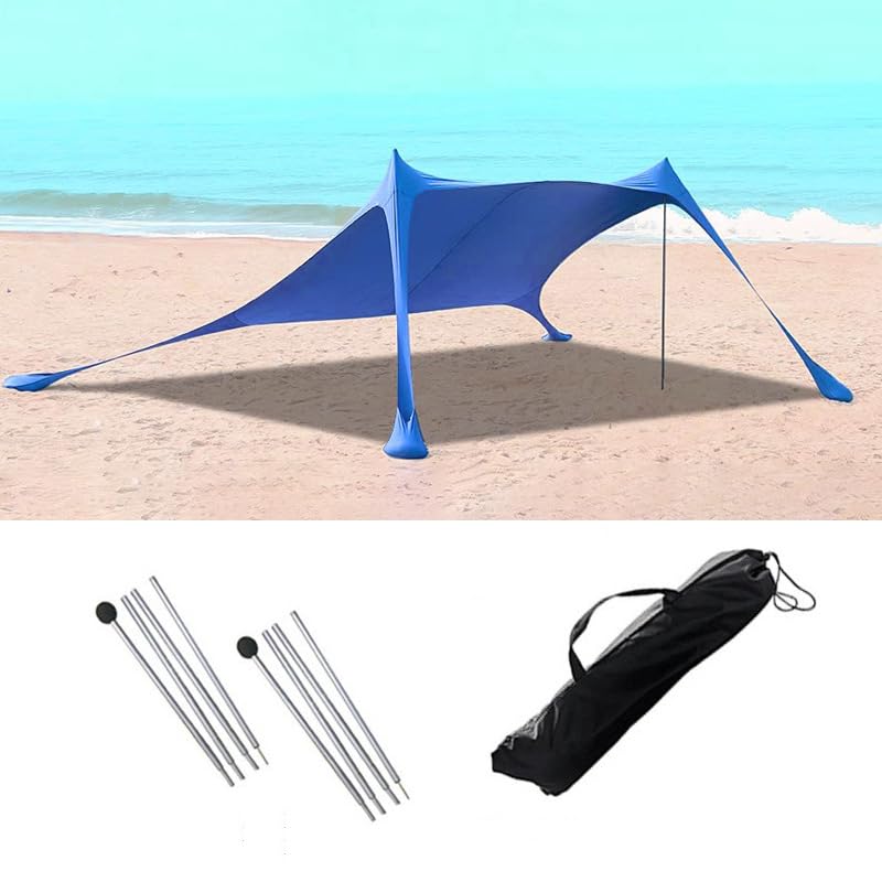 BeauentyBeach Tent Sunshade, UPF 50+ Anti-Wind Beach Canopy 6.5x6.5ft Portable Outdoor Beach Shade Canopy Beach Tent, Windproof Camping Sun Shelter with StabilityPoles(Blue 2 Rods, 300 * 300 * 200CM)