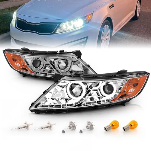 AmeriLite for 2011-2015 Kia Optima Halogen Model Xtreme LED Halo Rings Projector Chrome Replacement Headlights Set - Driver and Passenger Side