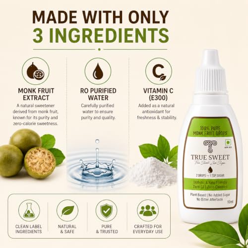 Image of True Sweet Co. Monk Fruit Sweetener Drops for Diabetics and Keto | 100 Servings | 200 Drops | No Erythritol | Sugar Replacer | Zero Sugar Liquid Sweetener | 10ml