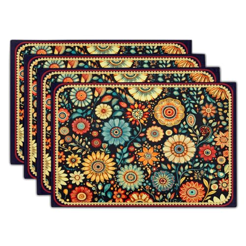 Boho Florals Placemat Set of 4 Colorful Flower Linen Place Mat for Home Decor