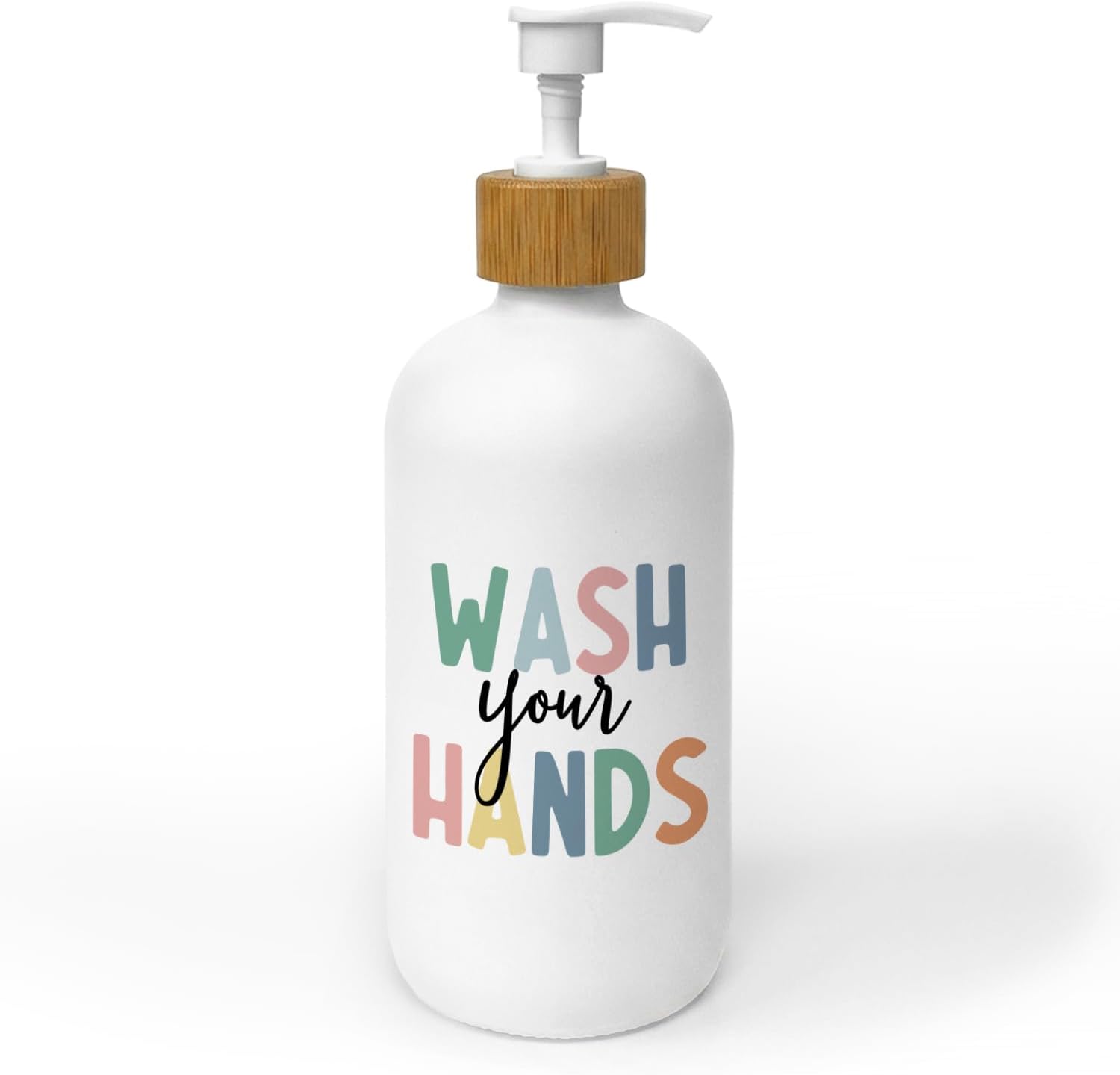 Kids Bathroom Soap Dispenser, Wash Your Hands Bathroom Countertop Hand Soap Dispenser with Pump, Colorful Boho Toddler Decor Handsoap Refillable Glass Pump Bottle Container