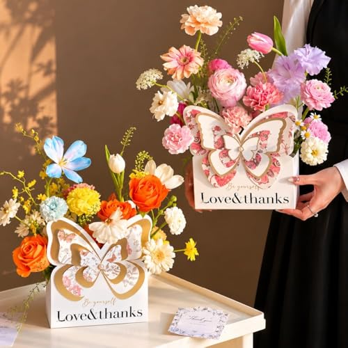 Image of Oasis Pack of 10 Luxury Butterfly Style Flower Paper Baskets - Gold Cardboard Bouquet Gift Boxes - Decorative Floral Arrangement Containers - Elegant Packaging for Fresh Flowers, Hampers, Weddings & Gifting - 5764 (P-10)