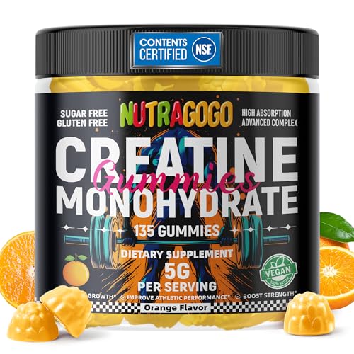 NUTRAGOGO NSF Certified Creatine Gummy - Creatine Monohydrate Gummies for Men & Women-5g of Creatine Monohydrate per Serving - Sugar Free,Vegan, Organe Electrolyte Chews, 135 Count
