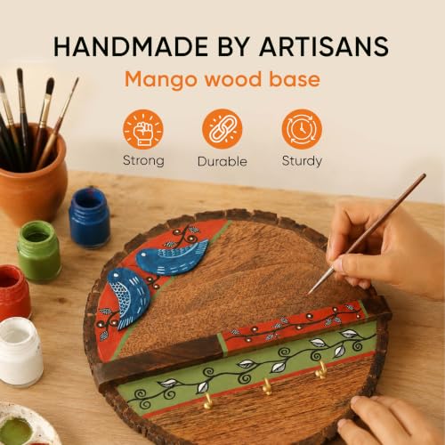 Image of AAKRITI ART CREATIONS Love Birds Wall Decor Shelf Cum Key Hanger | Rustic Wooden Wall Organizer with 3 Hooks | New Home Gifts | Multifunctional Entryway Decor Item