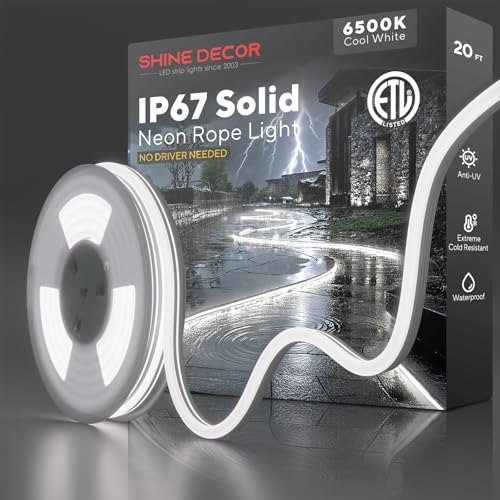 Shine Decor Outdoor Neon Rope Light IP67 Waterproof, ETL Listed Plug&Play 120V Driverless Flexible Solid Silicone LED Neon Lighting, -40 F Cold Resistant Durable for Pathway, 20ft 6500K Cool White