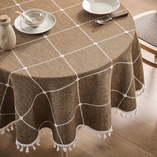 ZeeMart Grid Embroidered Round Tablecloths 52in, Tassel/Caramel by ZeeMart - Used condition - US$13.87