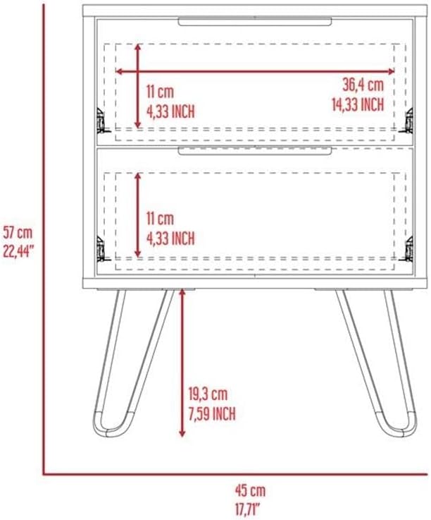 Nuvo 22-inch Tall Nightstand, 2 Drawers, and Hairpin Legs, Light Oak