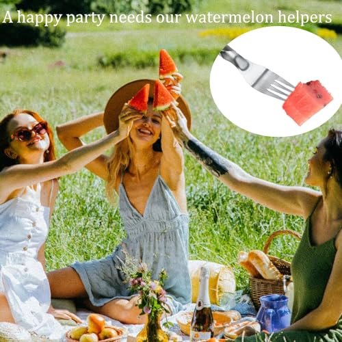 ZLMC 2-in-1 Watermelon Fork Slicer,Portable Stainless steel Watermelon Slicer with Melon Baller Scoop Extra,Dual Head Stainless Steel Fruit Forks Slicer Knife for Family Parties Camping(3PCS)