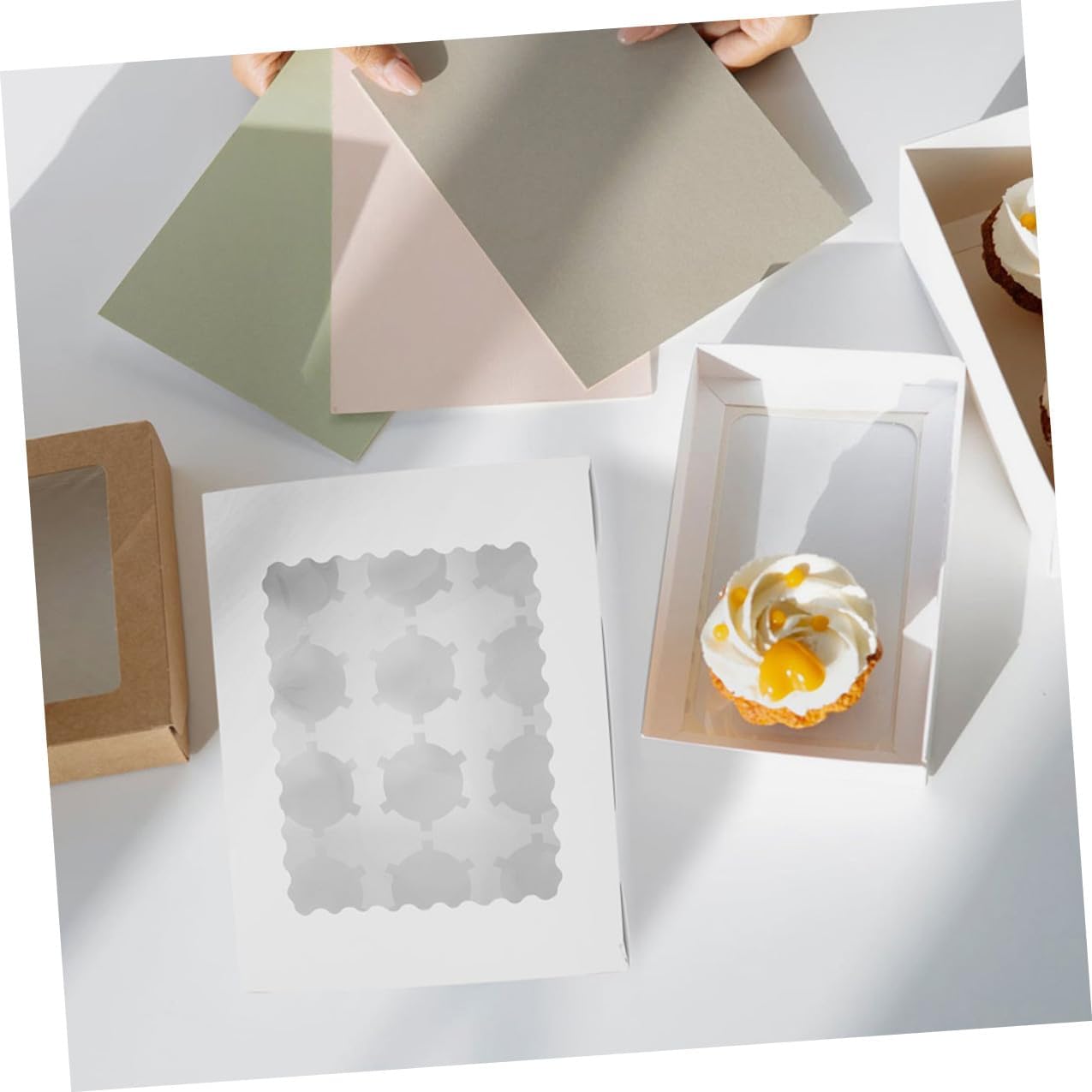 UPKOCH 10pcs Paper Pastry Boxes with Window, White Cardboard Muffin Cake Packaging, Creative Cupcake Carrier for Bakery, Dessert, and Egg Tart Storage