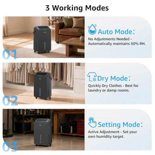 Image of KNKA 2500 Ft Max 34 Pints Dehumidifier for Basement with Drain Hose, Black | Dehumidifiers for Home, Bedroom, Bathroom, Large Room, Three Modes, Intelligent Humidity Control, Dry Clothes, 24HR Timer
