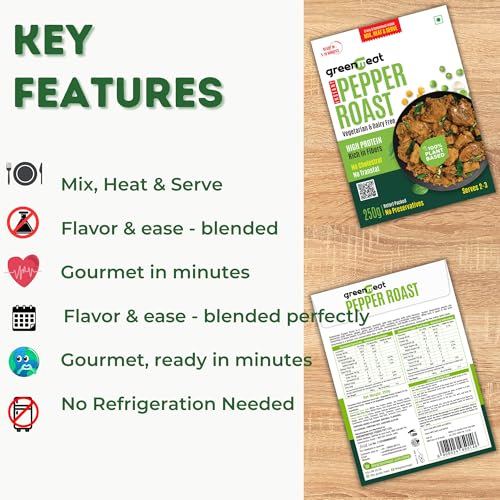 Image of Greenmeat Pepper Roast - Instant | Ready in 5-10 Minutes | 100% Plant Based & Vegetarian | Protein & Fiber Rich | Low Fat & Zero Cholesterol | No Preservatives | Pack of 1 (250g)