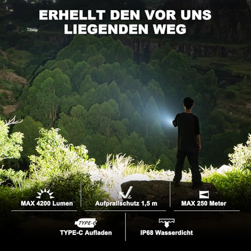 Wuben T70 Taschenlampe LED aufladbar mit 4200 Lumen und IP68 Schutz