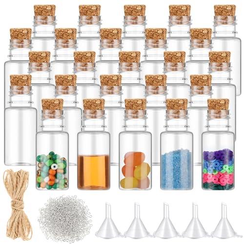 Bokon 25 Packs Mini Plastic Bottles with Corks Stoppers Eye Screws Funnels Small Potion Bottles Tiny Clear Sand Art Jar Wishing Vial for Birthday Party DIY Crafts Gift (1 x 2.28 Inch)