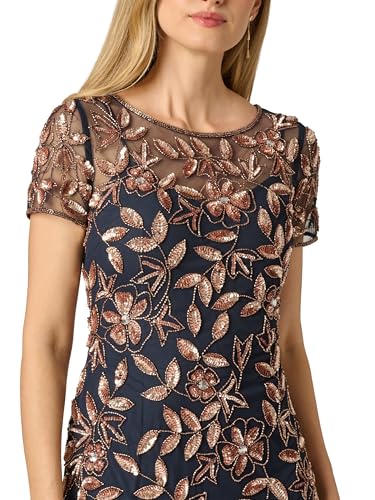Image of Adrianna Papell Women's Beaded Gown with Godets - Floor Length Gown with Floral Embellishments & Cap Sleeves