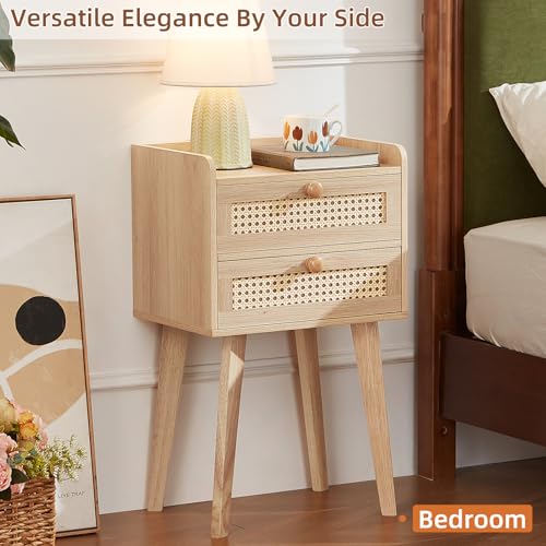 Lerliuo Rattan Night Stand with 2 Drawers, Cane Accent Nightstand Bed Side End Table with Solid Wood Legs, Boho Nightstands Bedside Tables for Bedroom Living Room Dorm and Small Spaces - Image 6