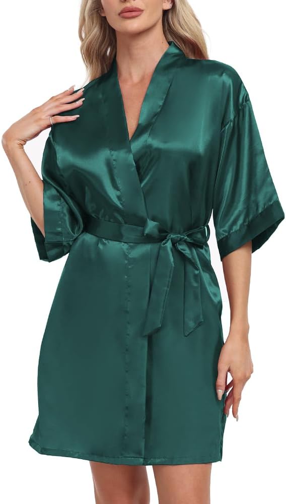Women's Short Robe Silky Satin Pure Color Bathrobe Bridesmaid Bride Party Kimono V-Neck Sleepwear with Pockets - Image 2
