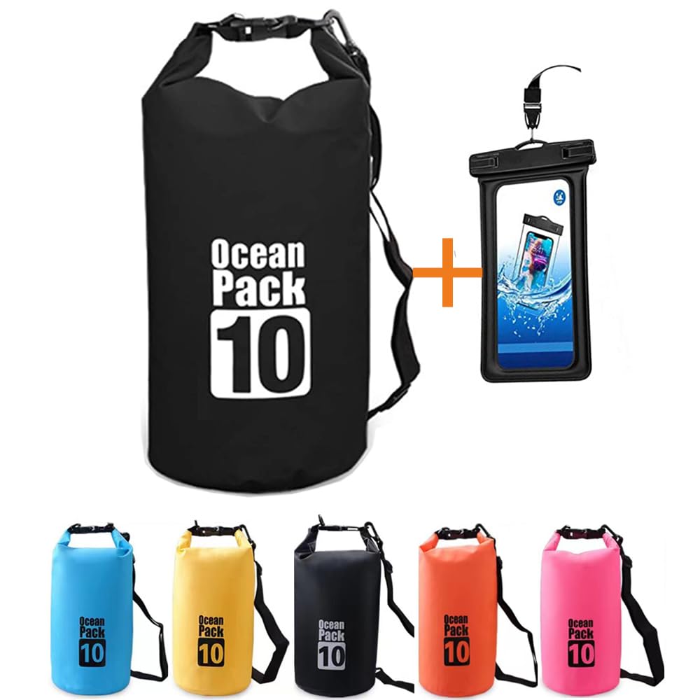 Waterproof Dry Bag - Roll Top Dry Compression Sack Keeps Gear Dry for Kayaking, Beach, Rafting, Boating, Hiking, Camping and Fishing with Waterproof Phone Case，Floating Waterproof Pouch (10L, Black)