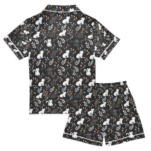 senya Flower Cat Black Satin Summer Pajama Sets Silk Short Sleeve Button Down Sleepwear2