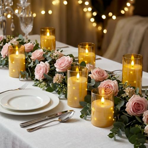 Image of Amagic Flameless Candles, Flickering Battery Operated Candles Embedded Fairy String Light, Realistic Pillar Candle with Remote Control and Timer, Acrylic Amber Gold, Set of 6, D3 x H4 5 inch 6 inch