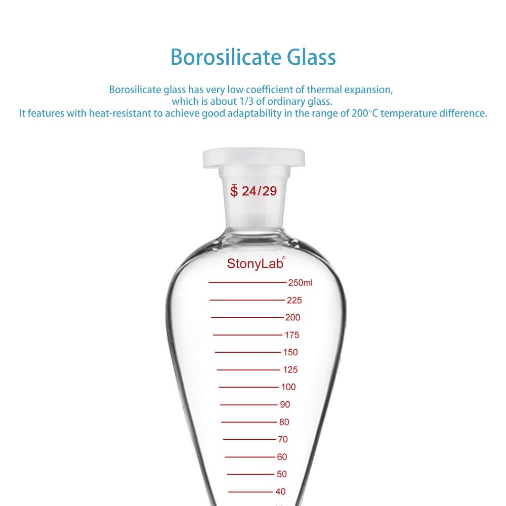 stonylab Imbuto Separatore Graduato, Parete Spessa a Forma di Pera Conica in Vetro Borosilicato, Rubinetto in PTFE e Tappo Superiore in Plastica, 250 ml