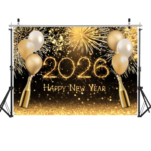 WOLADA 2026 Happy New Year Photography Backdrop Golden Fireworks Balloons Champagne Glitter Background for New Year Eve Party Photo Booth Decor 82.68x59.06 Inches 12389 by WOLADA - Image 2
