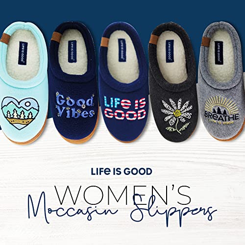 Life Is Good Women's Moccasin Slippers, 303593W - Suede & Fleece Open Back Indoor/Outdoor Slip-Ons - Plush & Cozy Slides With Soft Foam & Rubber Soles Stylish & Comfy Available In Different Designs (Beach Blue - Outdoor Heart - Size 8) #TOP2
