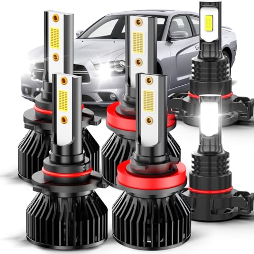 Fit For Dodge Charger (2011-2014) led headlight bulbs, 9005+H11 High & Low Beam Bulbs+5202 led fog light bulb,500% Brightness, 6000K Eye-Protection White,Plug and play, IP68,with Fan,No Errors, 6-Pack