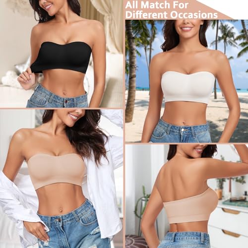 WOWENY Women's Strapless Bra Non-Slip Silicone Wireless Bandeau Bras with Support Seamless Padded Bralette Tube Top Bra Beige S - Thumbnail 6