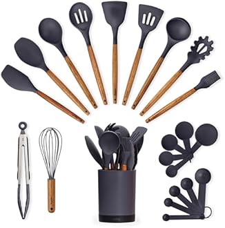 Silicone Kitchen Utensils Set & Holder: Cooking Utensils Set - Kitchen Essentials for New Home & 1st Apartment- Silicone Spatula Set, Cooking Spoons for Nonstick Cookware (Acacia Wood, Grey)