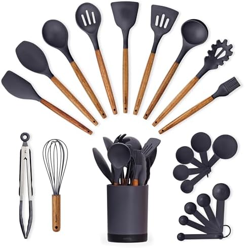 Silicone Kitchen Utensils Set & Holder: Cooking Utensils Set - Kitchen Essentials for New Home & 1st Apartment- Silicone Spatula Set, Cooking Spoons for Nonstick Cookware (Acacia Wood, Grey)