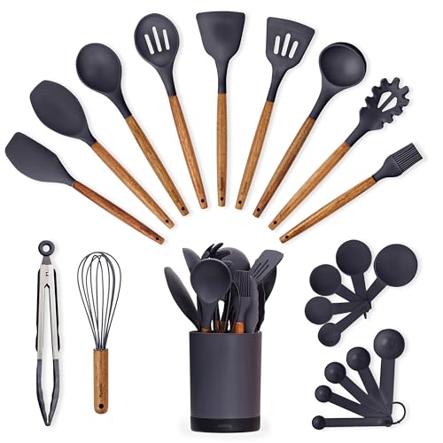 Silicone Kitchen Utensils Set & Holder: Cooking Utensils Set - Kitchen Essentials for New Home & 1st Apartment- Silicone Spatula Set, Cooking Spoons for Nonstick Cookware (Acacia Wood, Grey)