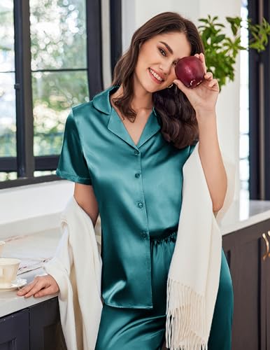 Image of Ekouaer Womens Satin Silky Capri Pajamas Short Sleeve Button Down Sleepwear