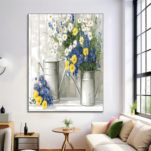 Affiche murale nature morte avec fleurs sauvages et arrosoir argenté pour salon 70x100 cm