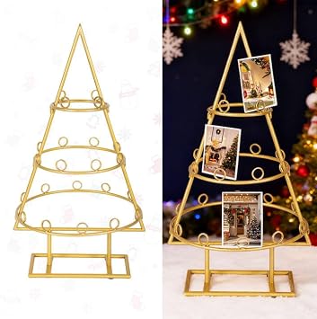 Large Christmas Tree Card Holder 23.6 Inch Christmas Photo Display Stand Decorative Pictures Ornaments Holder Metal Golden Xmas Tree Gifts Stand for Tabletop Holiday Wedding Hanging Decors