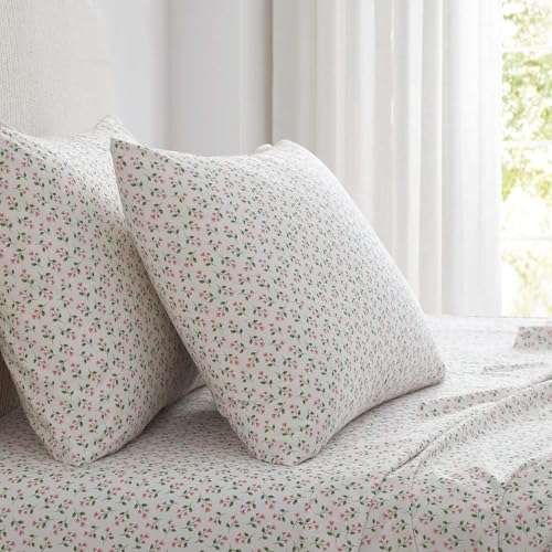 Image of Martha Stewart - Twin Size Sheet Set, Crisp & Tailored Bedding with a Smooth Cotton Percale Feel, Deep Pocket, Bed Sheets with Matching Pillowcase & Fitted Sheet (Kennedy Floral Pink)