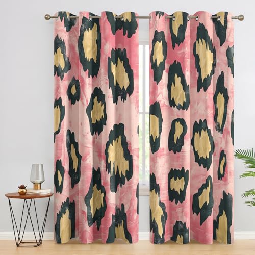 Pink Yellow Leopard Print Blackout Curtains, Cheetah Print Curtains for Bedroom Living Room, Window Treatments 84 Inch Drop, Eyelet Drapes, 52x84 Inch 2 Panels D&P9 - Image 2